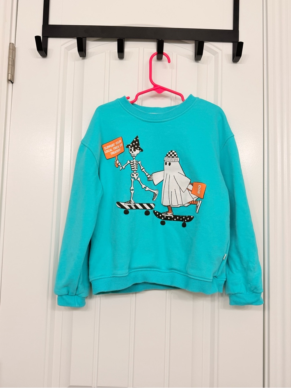 Kids Teal Graphic Sweatshirt with Skateboarding Skeleton & Ghost
